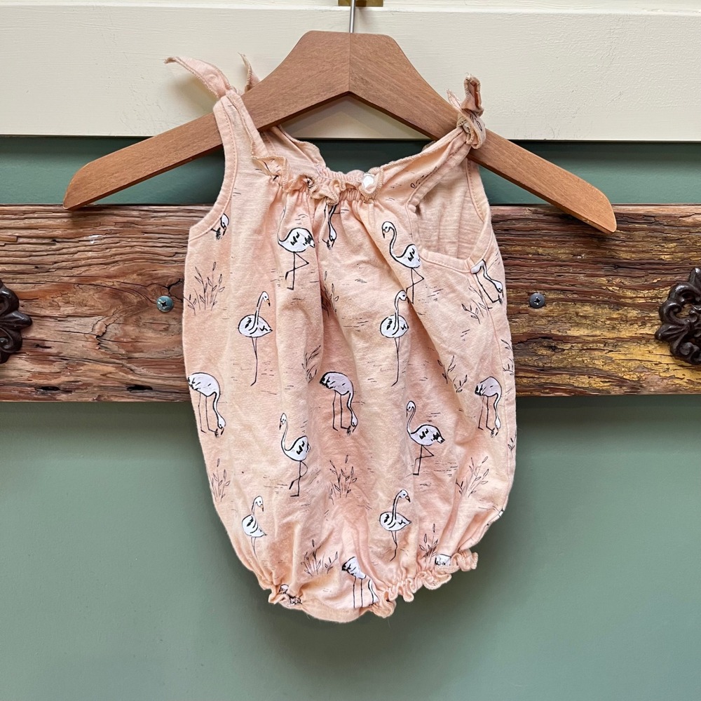 Rylee + Cru‎ Peach Flamingo Bubble Romper Sleeveless Tie Shoulder 6-12M